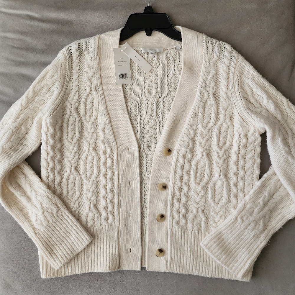 Vince White/Ivory Braided Cable Cardigan Cashmere Wool Blend Sweater Siz…